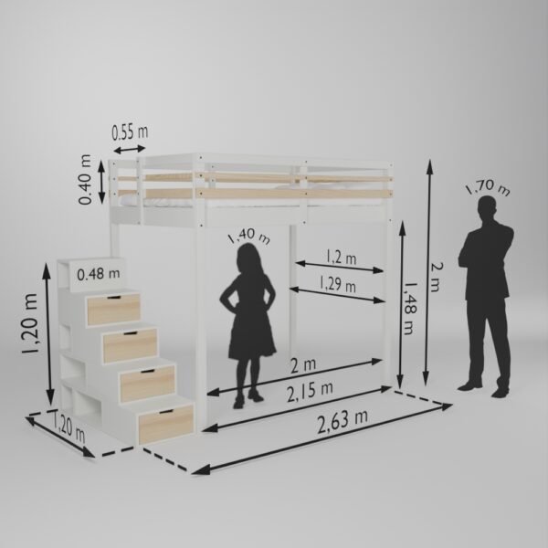 Fiche technique de la mezzanine Jeune urbaine en 120x200 avec son accès escalier Brick It en bout