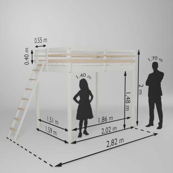 Fiche technique de la mezzanine Jeune urbaine en 140x190 avec son accès échelle en bout