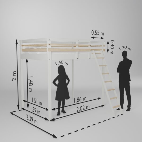 Fiche technique de la mezzanine Jeune urbaine en 140x190 avec son accès échelle de face