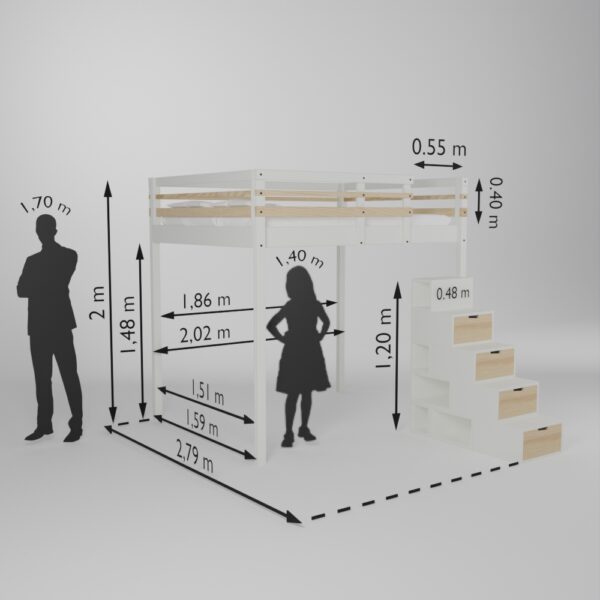 Fiche technique de la mezzanine Jeune urbaine en 140x190 avec son accès escalier Brick Itde face