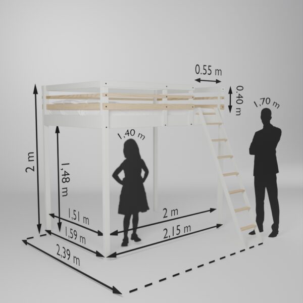 Fiche technique de la mezzanine Jeune urbaine en 140x200 avec son accès échelle de face