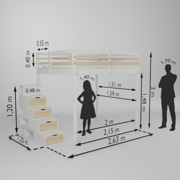 Fiche technique de la mezzanine Jeune urbaine en 140x200 avec son accès escalier Brick It en bout