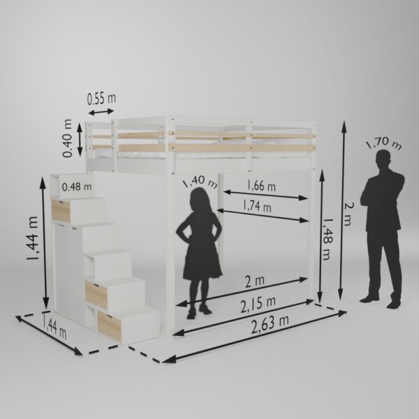 Fiche technique de la mezzanine Jeune urbaine en 160x200 avec son accès escalier Brick It armoire en bout.