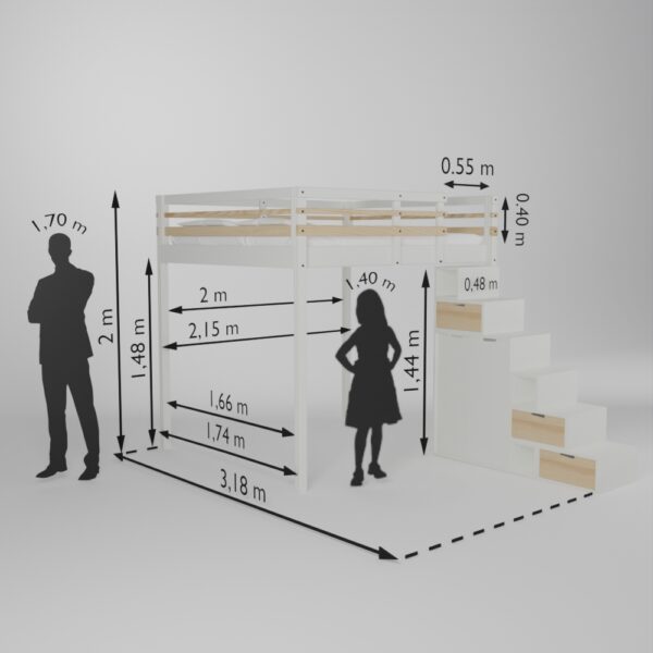 Fiche technique de la mezzanine Jeune urbaine en 160x200 avec son accès escalier Brick It armoire de face.