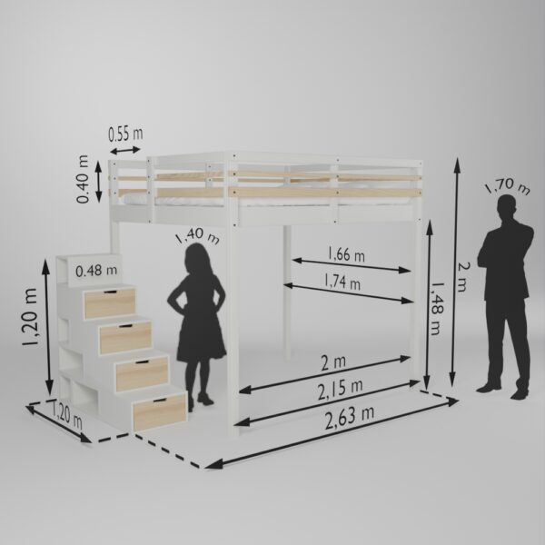 Fiche technique de la mezzanine Jeune urbaine en 160x200 avec son accès escalier Brick It en bout