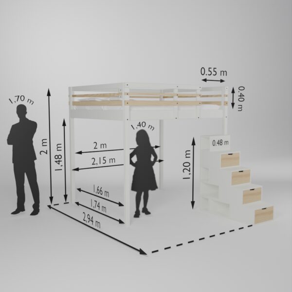 Fiche technique de la mezzanine Jeune urbaine en 160x200 avec son accès escalier Brick It de face