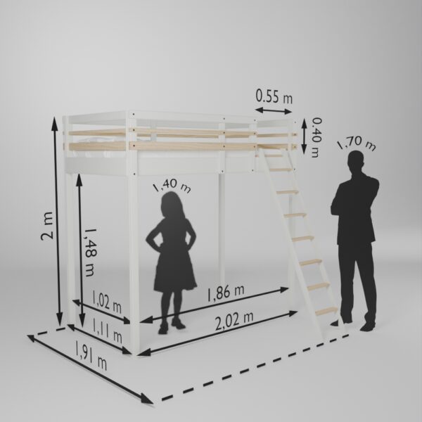 Fiche technique de la mezzanine Jeune urbaine en 90x190 avec son accès échelle de face