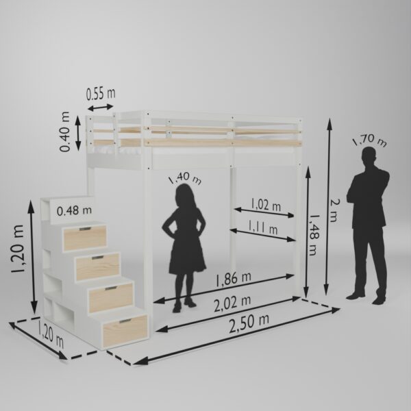 Fiche technique de la mezzanine Jeune urbaine en 90x190 avec son accès escalier Brick It en bout