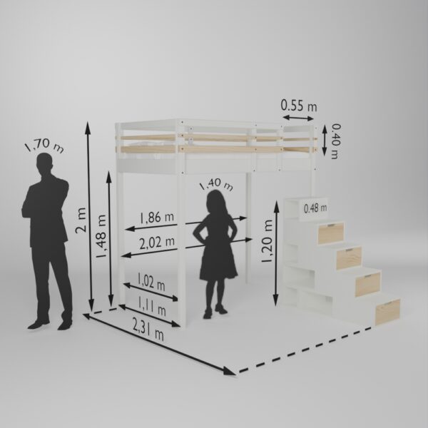 Fiche technique de la mezzanine Jeune urbaine en 90x190 avec son accès escalier Brick It de face