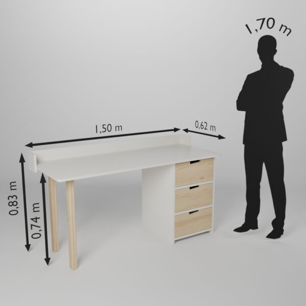 Fiche technique du grand Bureau ado/enfant 150cm avec 1 caissons 3 tiroirs