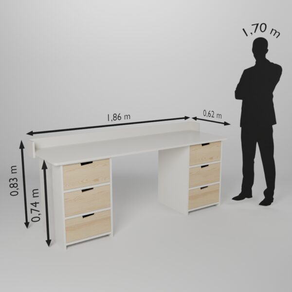 Fiche technique du grand Bureau ado/adulte 186cm avec 2 caissons 3 tiroirs