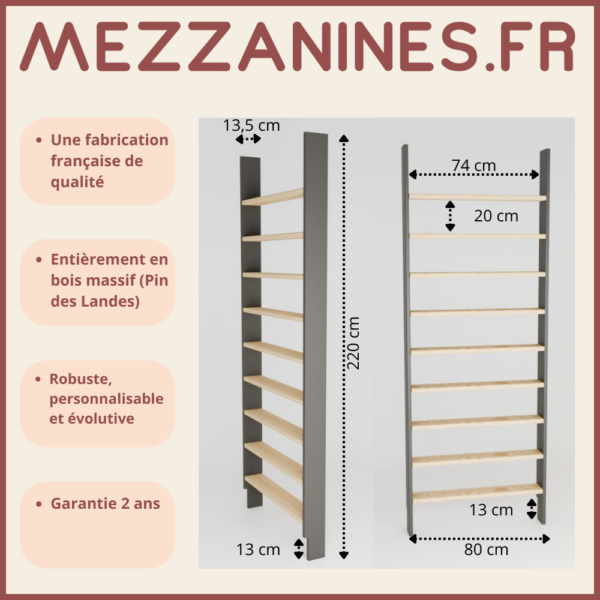 Fiche technique d'Étagère Bibliothèque pour manga ou jeux vidéo sur Mezzanines.fr la référence du gain de place premium.