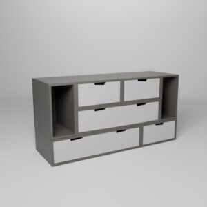 Grande commode rangement de 144cmx72cm, composée de 2 niches, 3 tiroirs simple et 2 grands tiroirs.