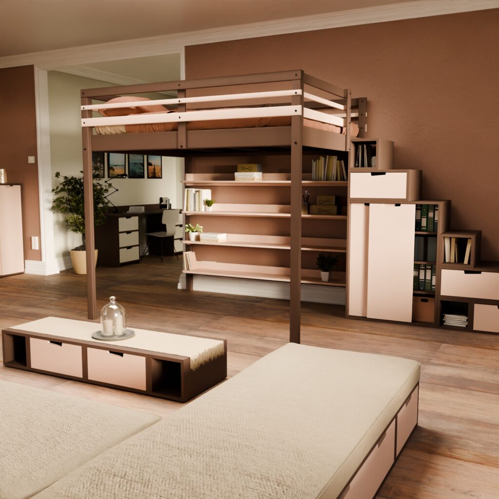 Mise en ambiance d'une mezzanine avec accès escalier armoire de rangement