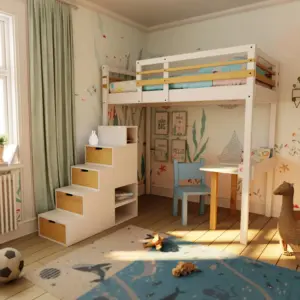 Lit mezzanine enfant 120x190 "Jeune Urbaine" avec "Bureau d'écolier", accès "escalier Brick" de rangement