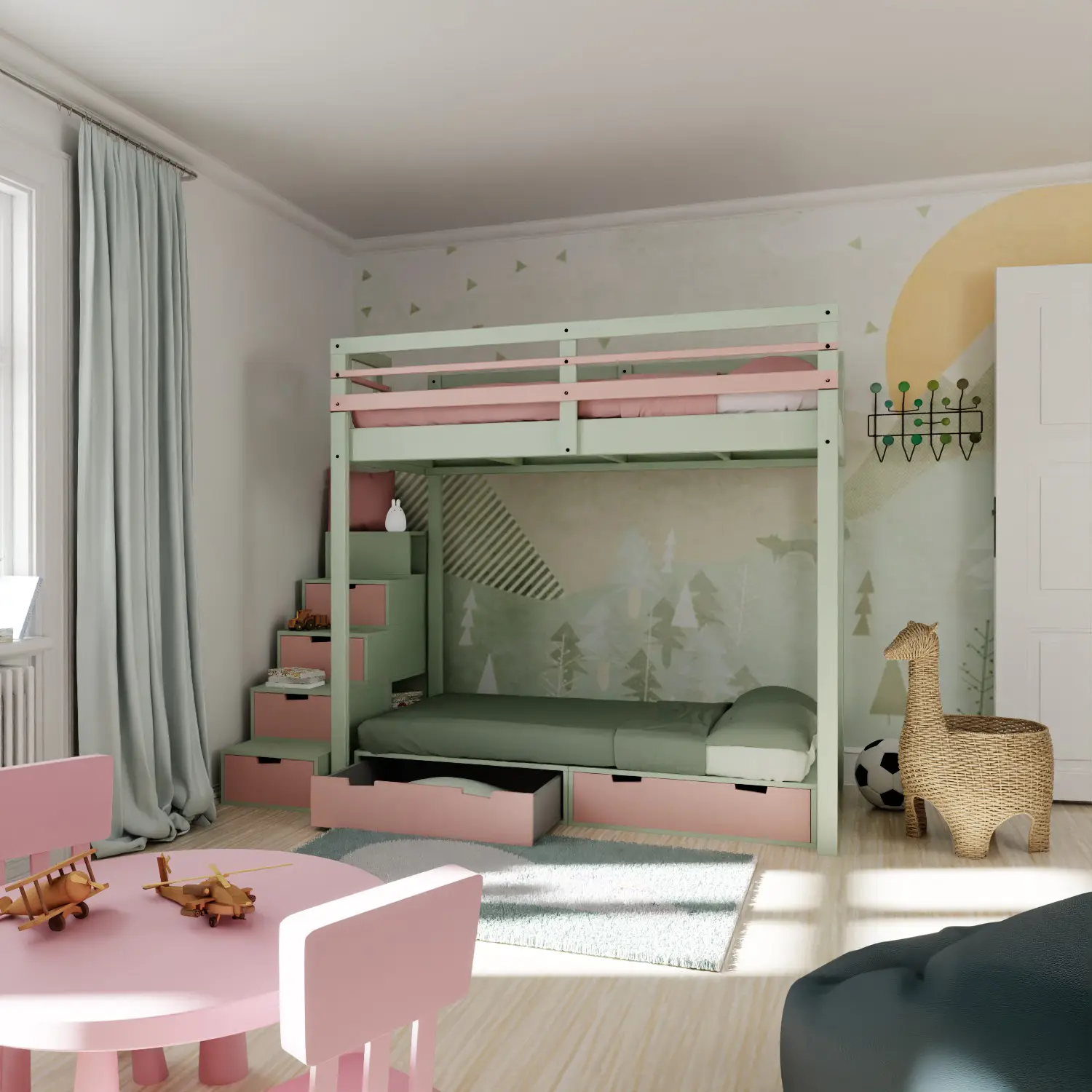 Lit superposé Podium 120X190 enfant accès escalier Brick It de rangement