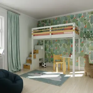 Lit mezzanine enfant 90x190 "Jeune Urbaine" avec "Bureau d'écolier", accès "escalier Brick" de rangement