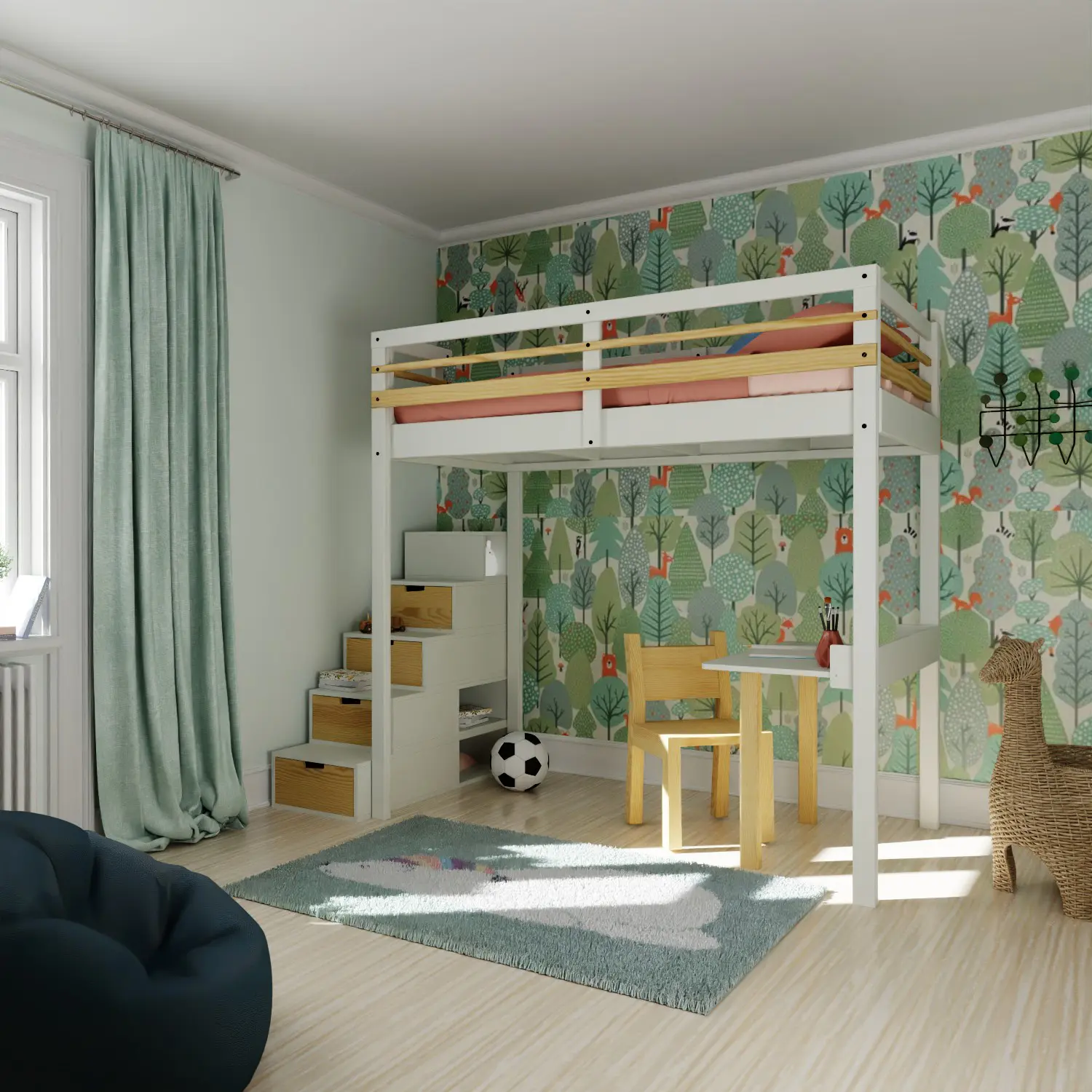 Lit mezzanine enfant 90x190 "Jeune Urbaine" avec "Bureau d'écolier", accès "escalier Brick" de rangement