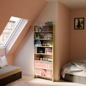 Étagères pour manga deluxe piliers chênes sensei et étagères gris Tokyo.Vue de profil en ambiance