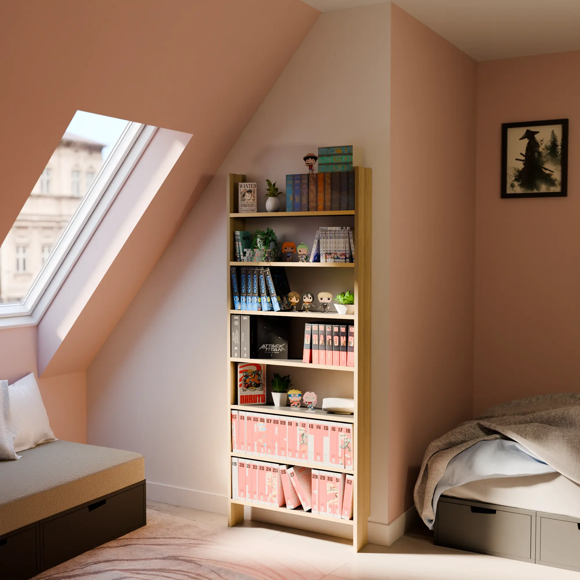 Étagères pour manga deluxe piliers chênes sensei et étagères gris Tokyo.Vue de profil en ambiance