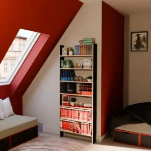 Étagères pour manga deluxe piliers Shadow ninja et étagères rouges akai.Vue de profil en ambiance