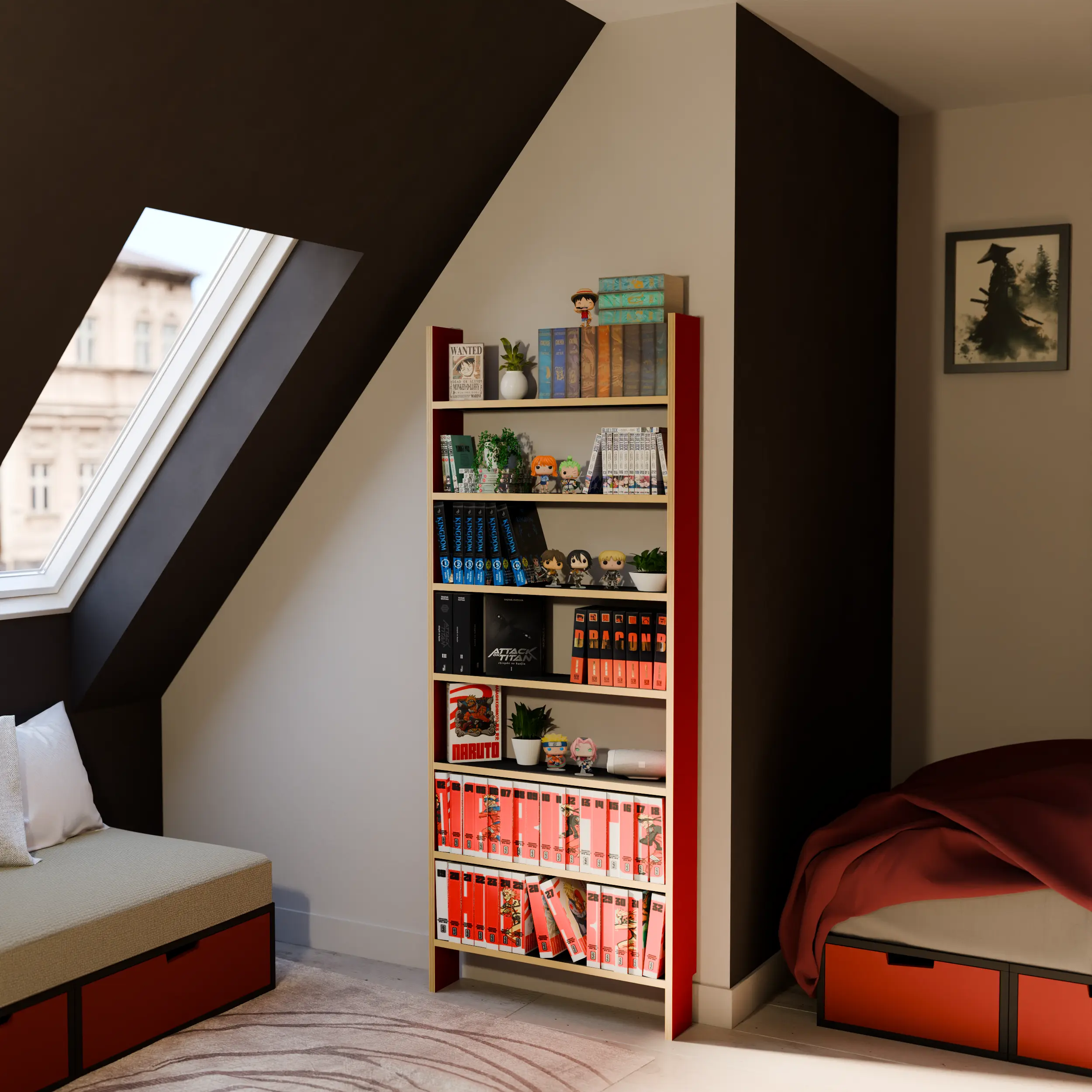 Étagères pour manga deluxe piliers rouges akai et étagères shadow ninja. Vue de profil en ambiance