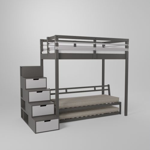 Ensemble mezzanine enfant ado en 120x190 avec son accès par escalier de rangement sécurisée incluant une banquette gigogne cosy avec 2 couchages indépendants