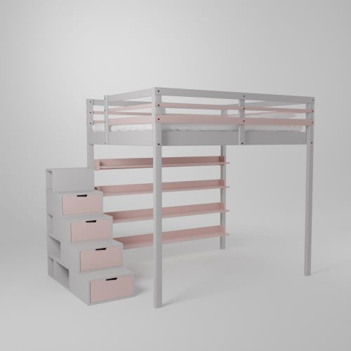 Lit mezzanine adulte ado en 140x190 avec étagères bibliothèque avec un escalier de rangement sécurisée