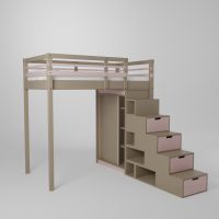 Mezzanine enfant avec armoire de rangement et accès sécurisé par escalier