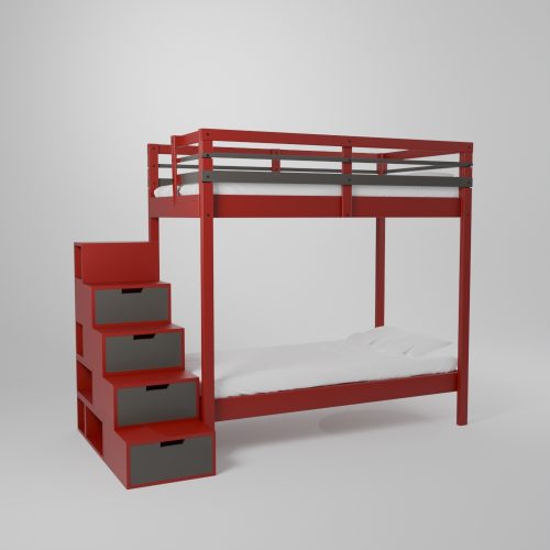 Lit mezzanine superposé pour 2 couchages de 90x190 avec un accès sécurisé par escalier de rangement
