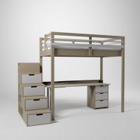 Mezzanine Jeune urbaine en 120x190. Ce lit surélevé est composé d'un bureau et d'un accès par escalier cube de rangement modulable.